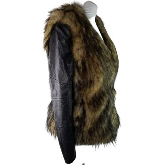Bardot Womens Faux Fur Leather Long Sleeves Jacket Coat Black Tan Size 6 - Picture 3 of 12